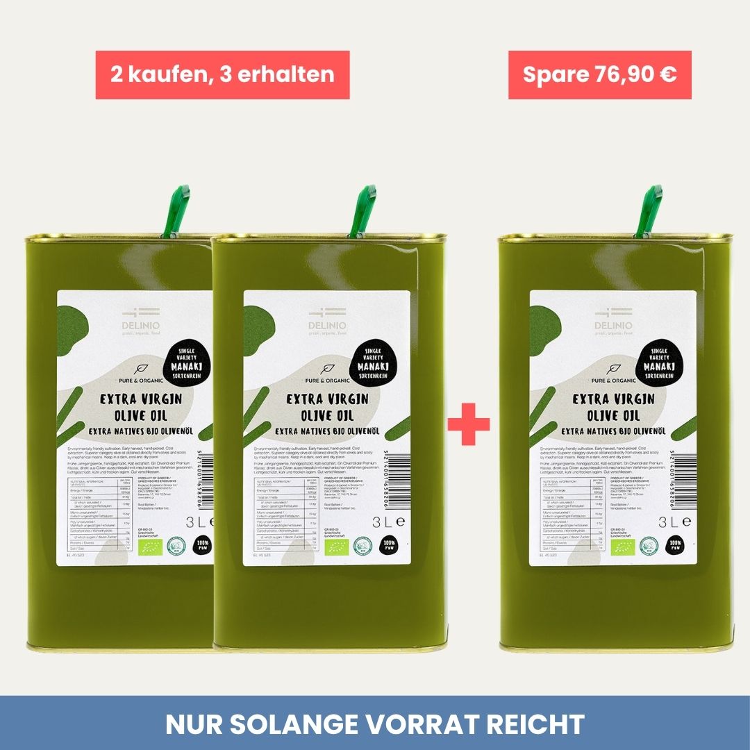 3 x erhalten - nur 2 x kaufen - Extra Natives Bio Olivenöl MANAKI, 3 x 3 Liter