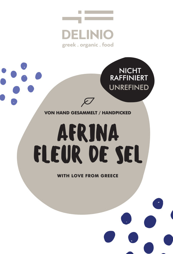 Etikette DELINIO Fleur de SEL AFRINA Salz, von hand gesammelt, nicht raffiniert