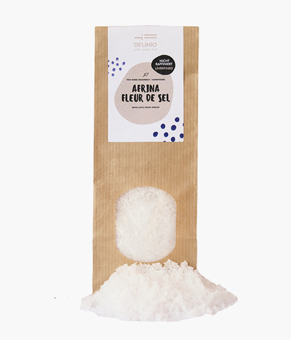 Papiertüte mit DELINIO Fleur de SEL AFRINA Salz, von hand gesammelt, nicht raffiniert