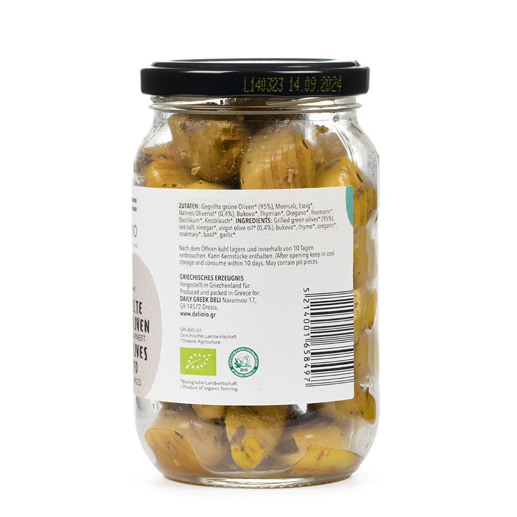 Gegrillte grüne Bio Oliven, mariniert, 370 ml Glas / 1 Kg Tüte-der perfekte Snack