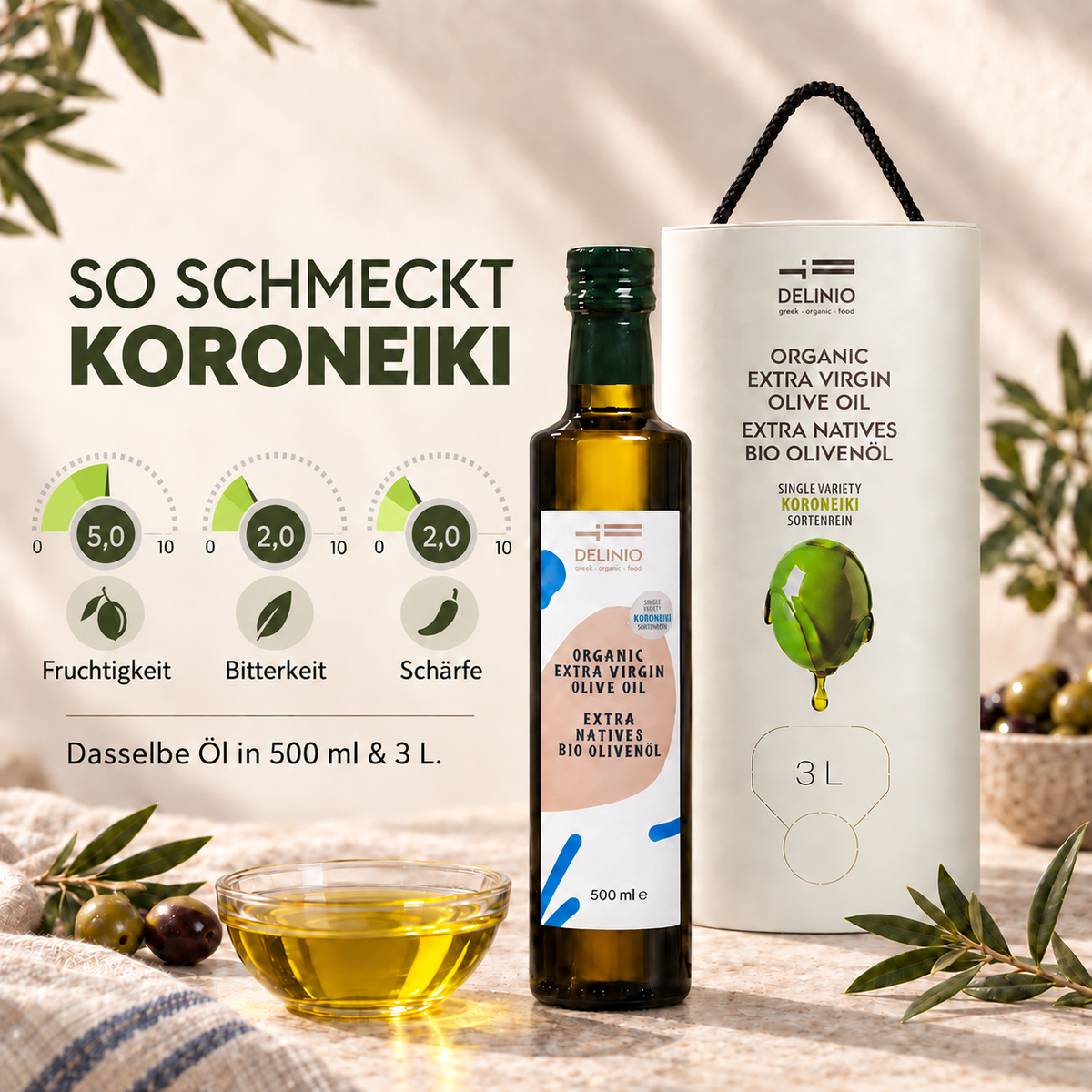 Griechisches Bio-Olivenöl, extra nativ · 3 Liter Vorratsbehälter mit Zapfhahn
