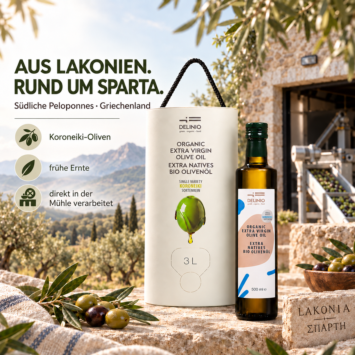 Griechisches Bio-Olivenöl, extra nativ · 3 Liter Vorratsbehälter mit Zapfhahn