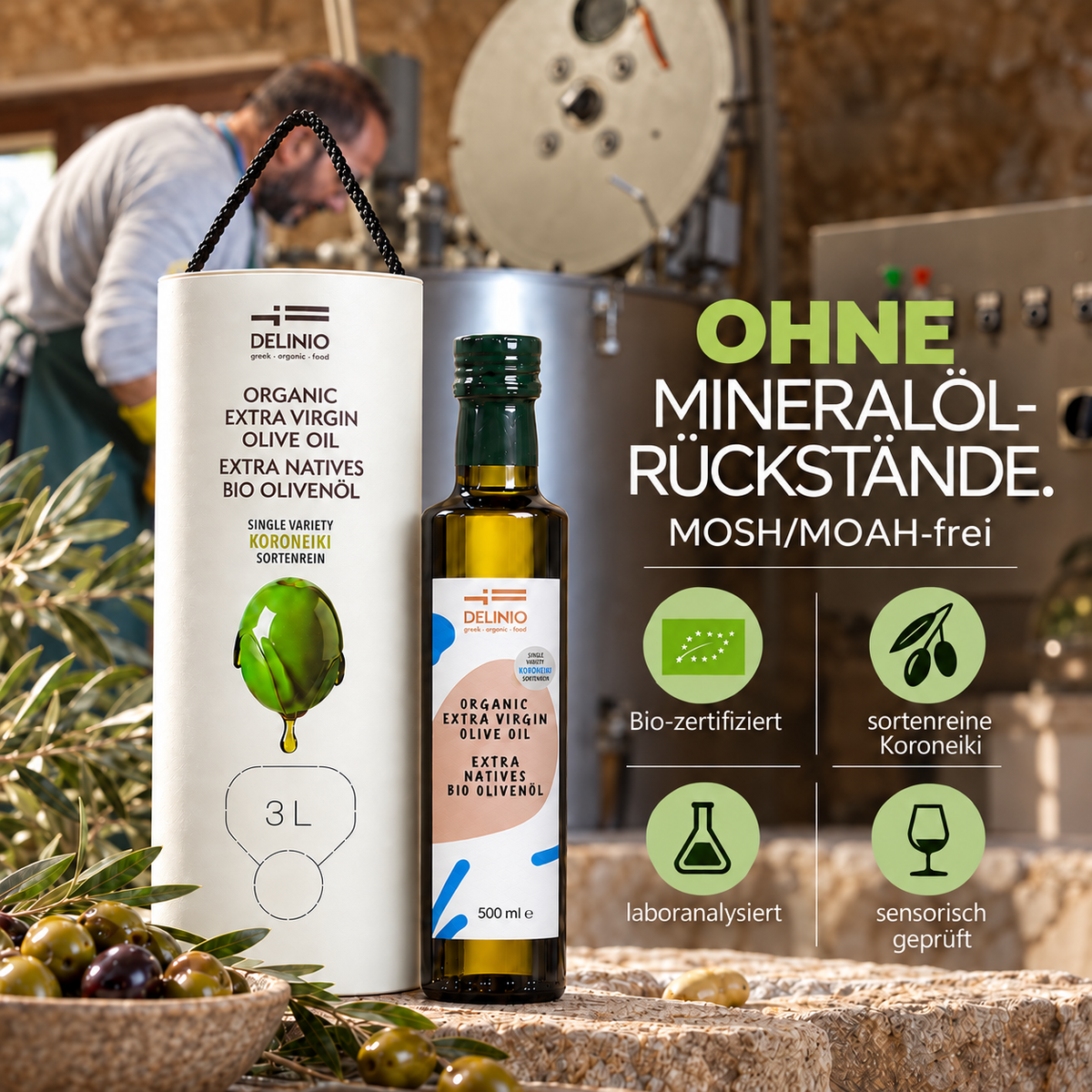 Griechisches Bio-Olivenöl, extra nativ · 3 Liter Vorratsbehälter mit Zapfhahn