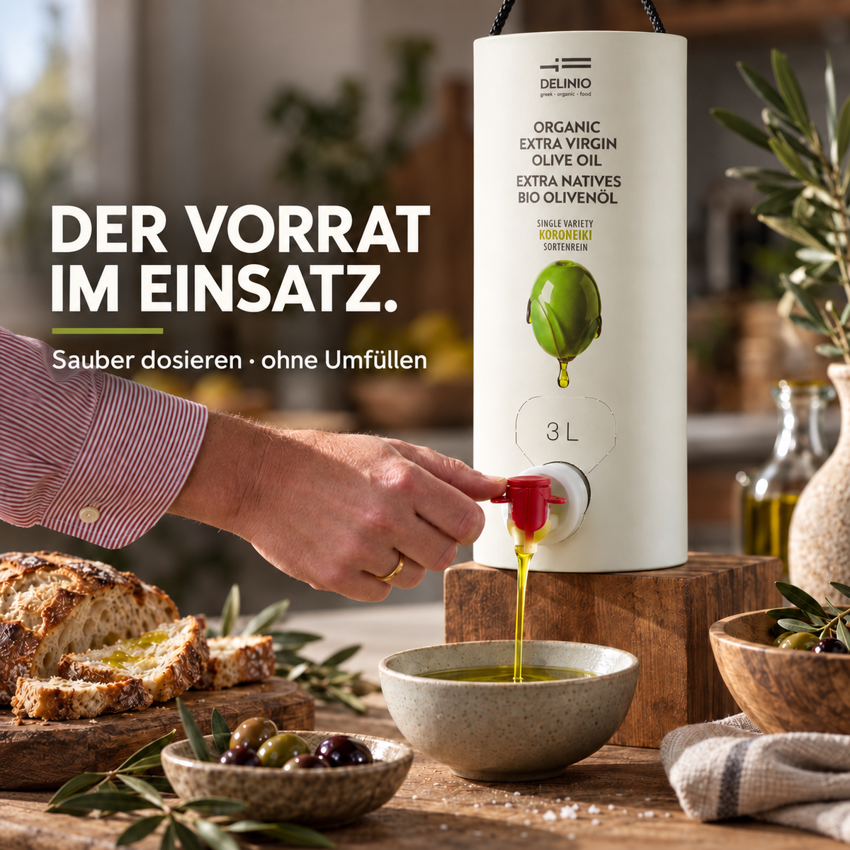 Griechisches Bio-Olivenöl, extra nativ · 3 Liter Vorratsbehälter mit Zapfhahn