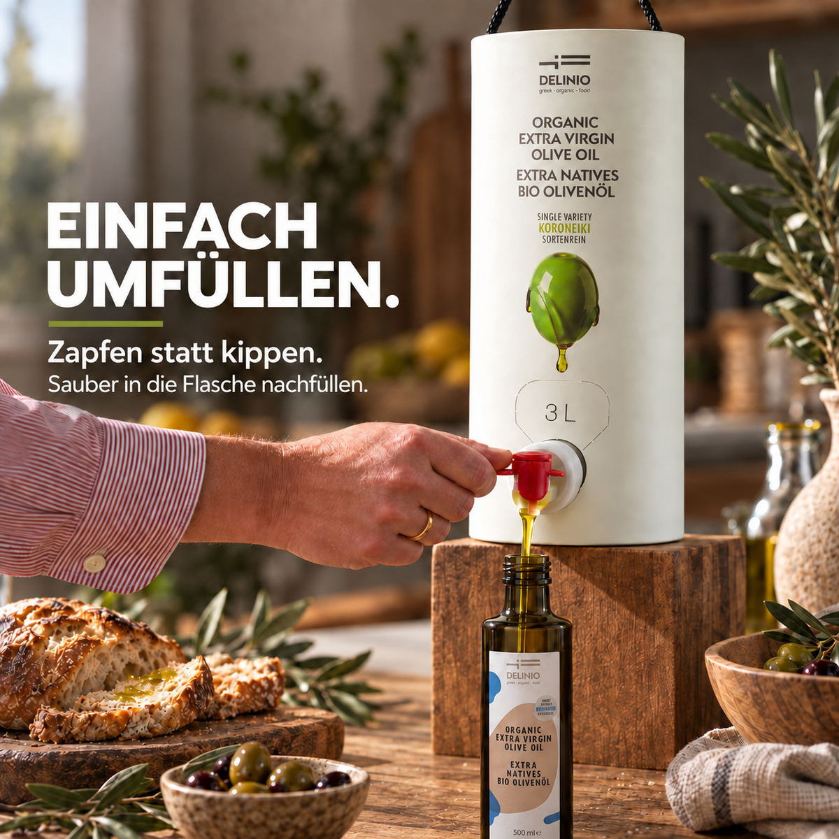 Griechisches Bio-Olivenöl, extra nativ · 3 Liter Vorratsbehälter mit Zapfhahn