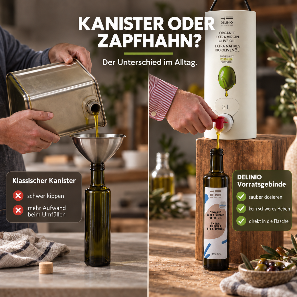 Griechisches Bio-Olivenöl, extra nativ · 3 Liter Vorratsbehälter mit Zapfhahn