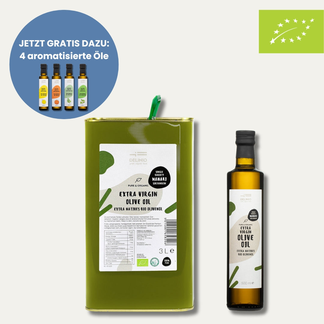 Extra Natives Bio Olivenöl MANAKI, 3 Liter + 500 ml (+ 4 aromatisierte Öle)