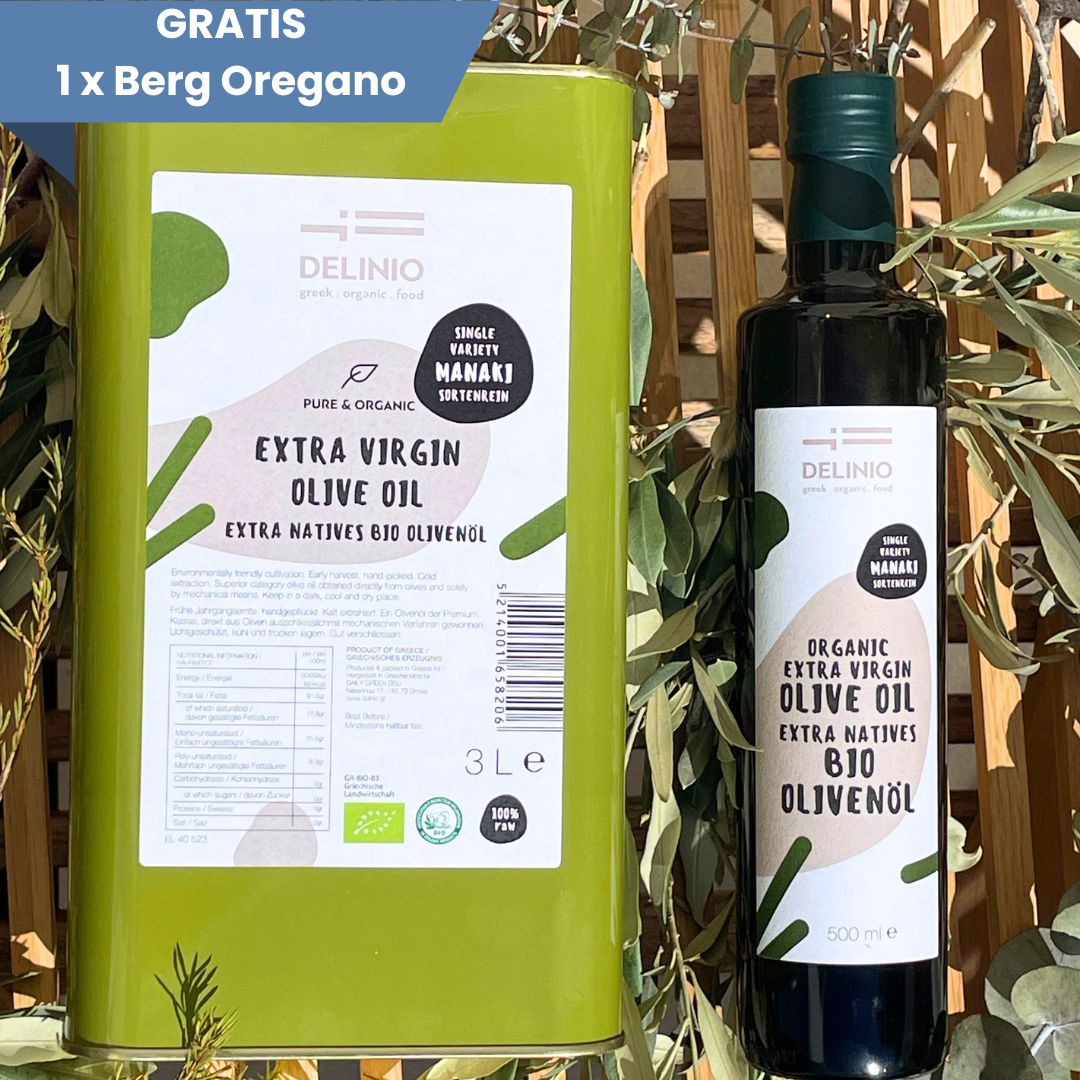 Extra Natives Bio Olivenöl MANAKI, 3 Liter + 500 ml (+ Berg-Oregano GRATIS)