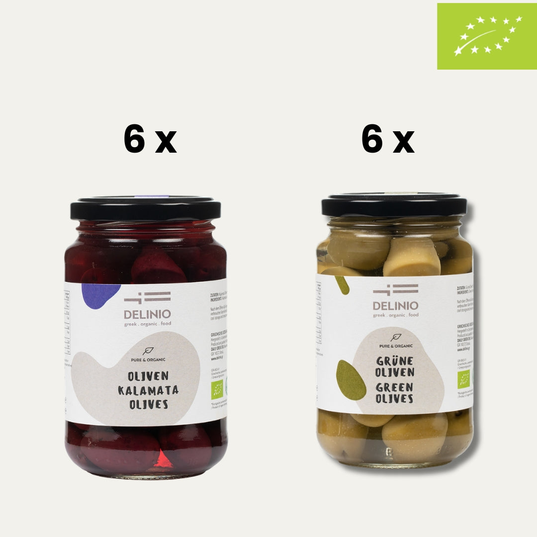 6 x Grüne Bio Oliven + 6 x Bio Kalamata Oliven