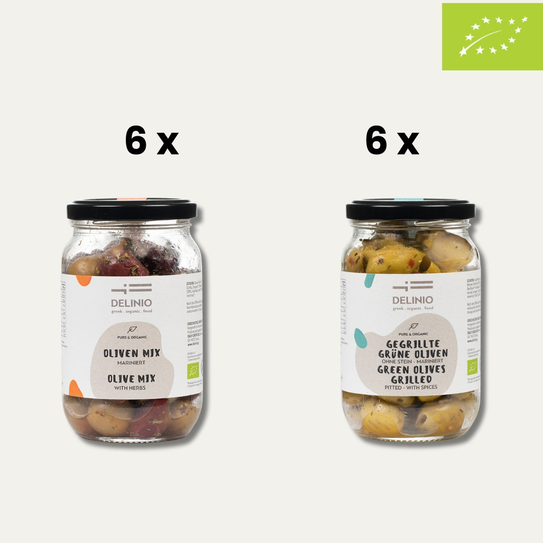 6 x Bio Oliven Mix + 6 x gegrillte grüne Bio Oliven