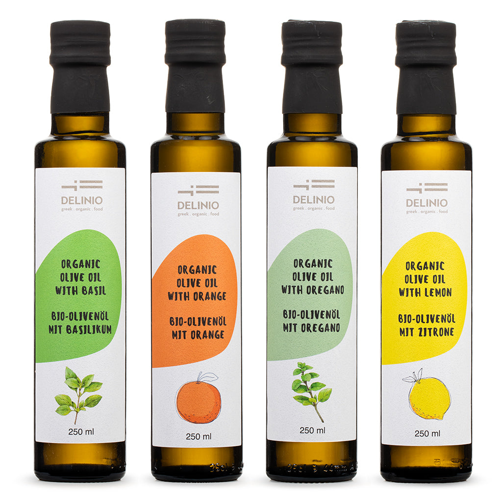 DELINIO Bio-Olivenöl-Edition – Zitrone, Orange, Basilikum & Oregano (4×250 ml)