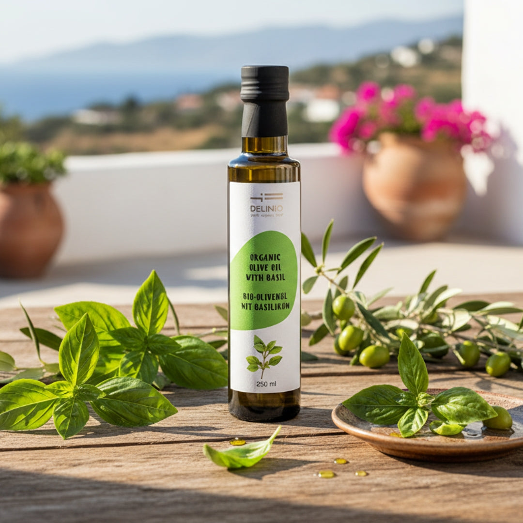 Premium Bio-Olivenöl Set mit Zitrone, Orange, Basilikum & Oregano – 4×250ml DELINIO