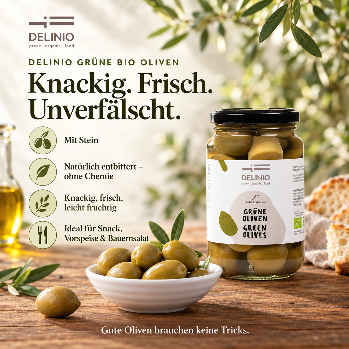 Grüne Bio Oliven, 370 gr Glas