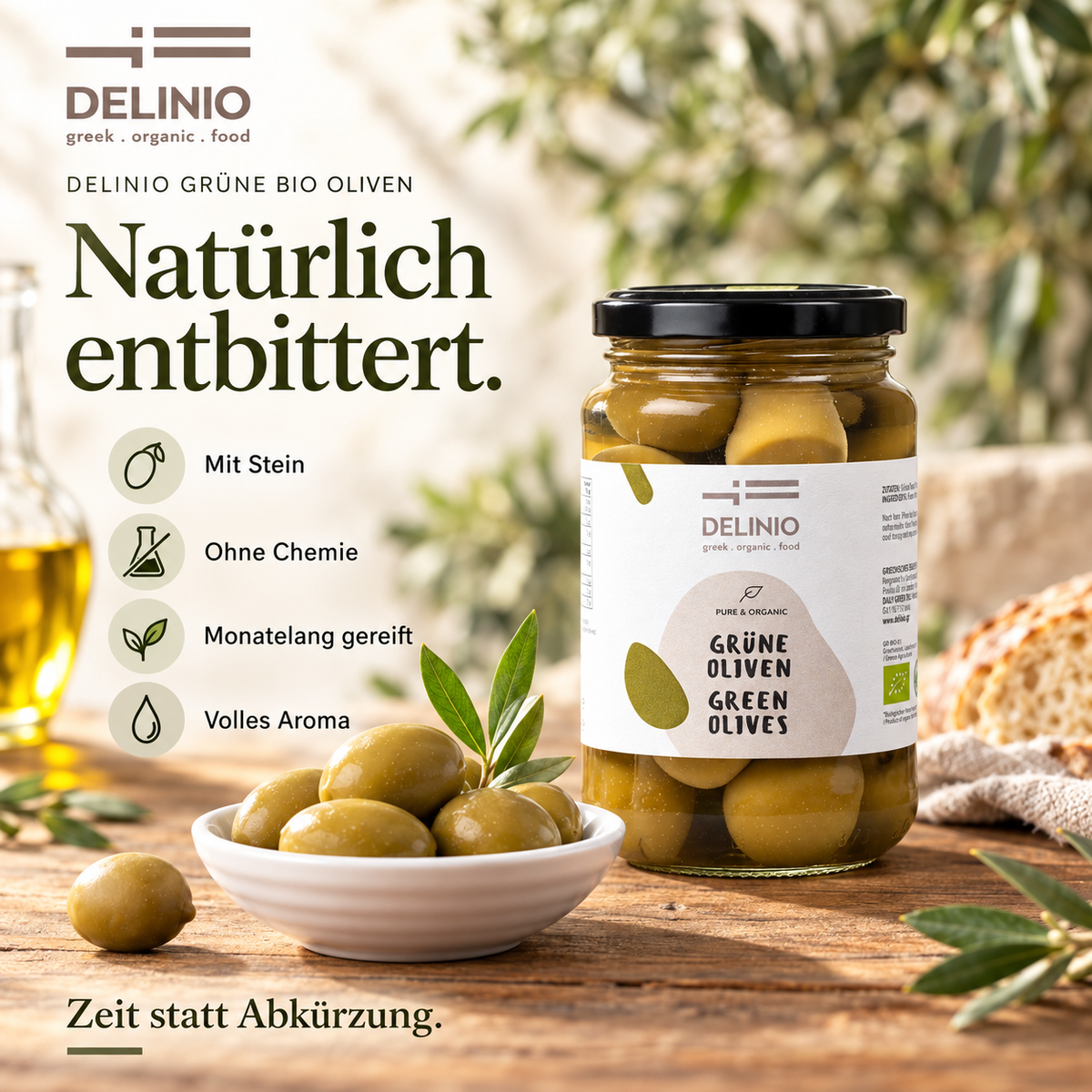 Grüne Bio Oliven, 370 gr Glas