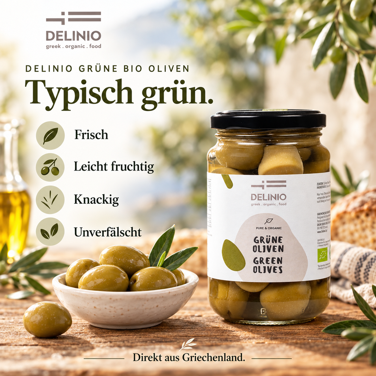 Grüne Bio Oliven, 370 gr Glas