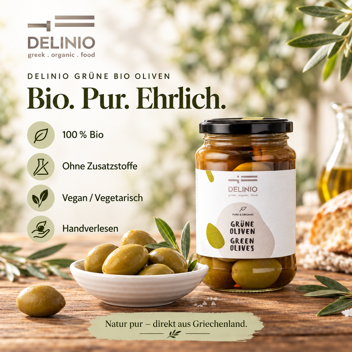 Grüne Bio Oliven, 370 gr Glas