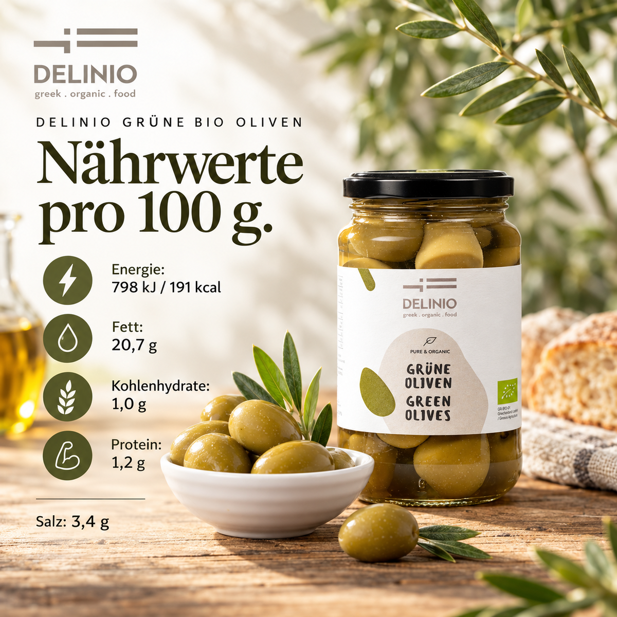 Grüne Bio Oliven, 370 gr Glas