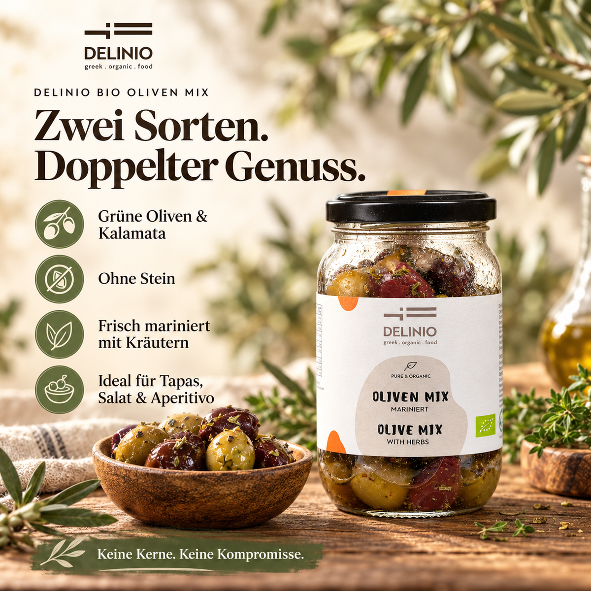 Bio Oliven Mix, mariniert, 370 gr Glas