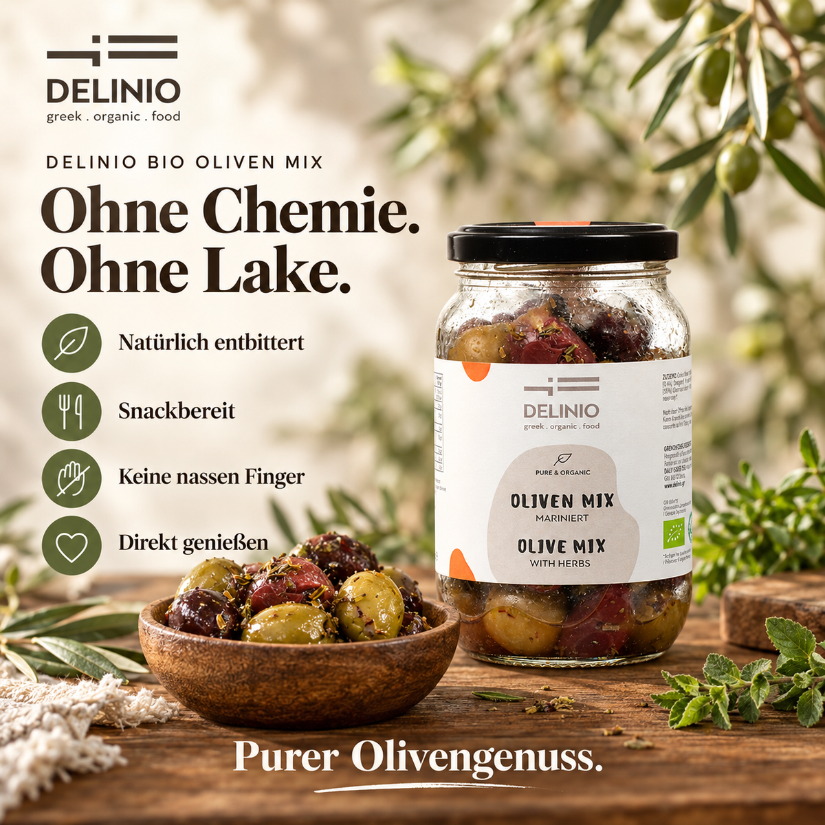 Bio Oliven Mix, mariniert, 370 gr Glas