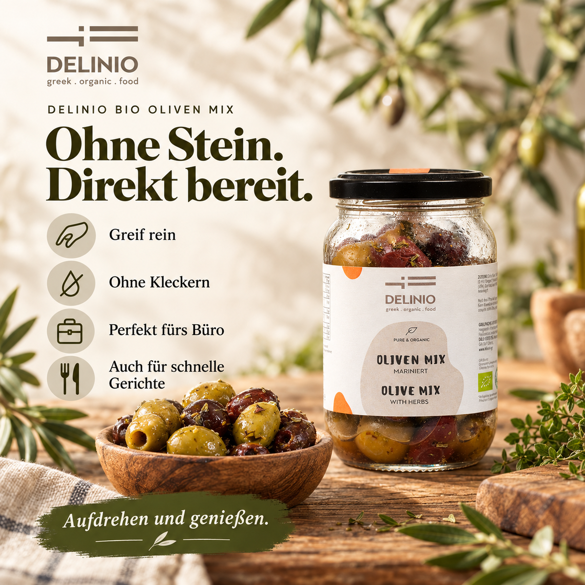 Bio Oliven Mix, mariniert, 370 gr Glas