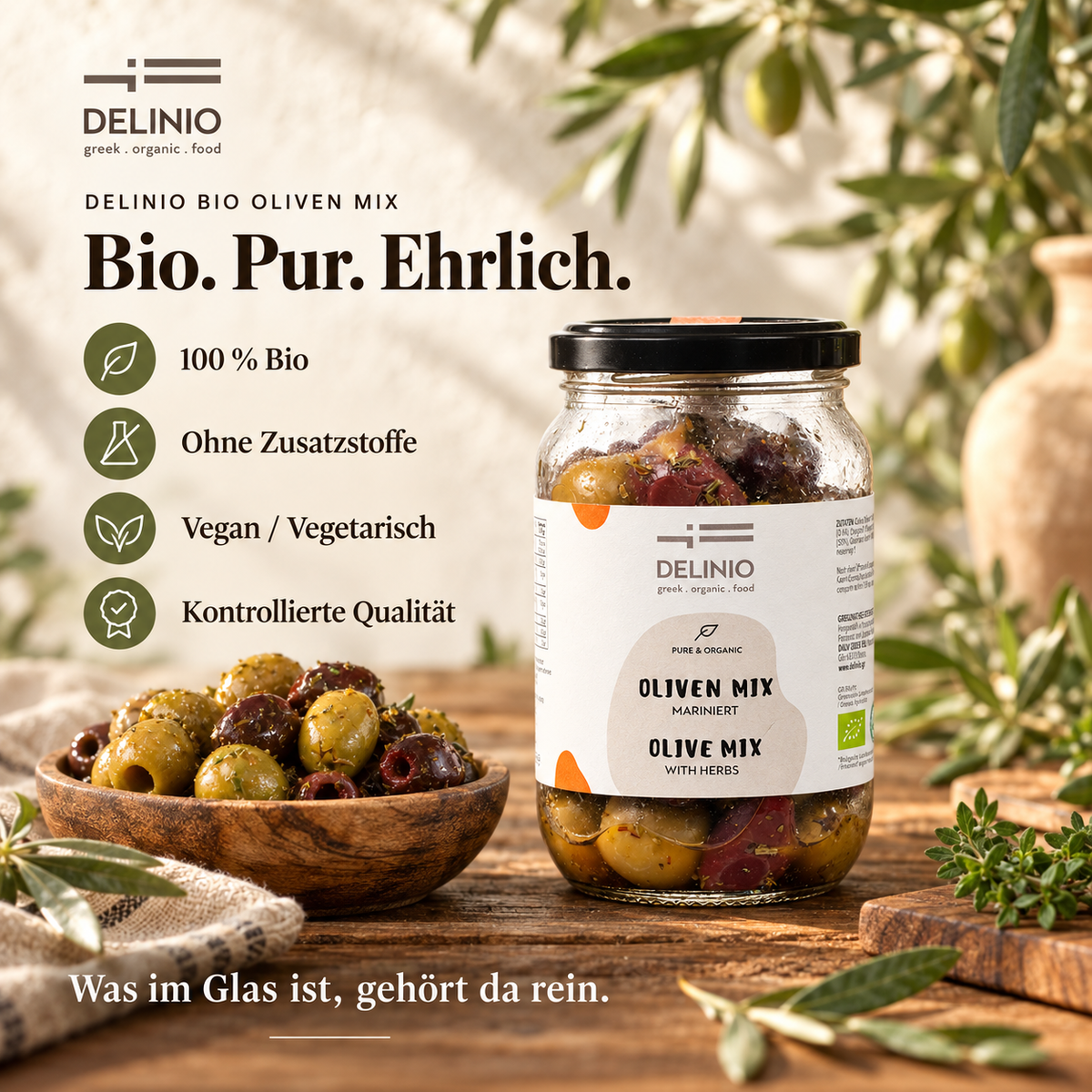 Bio Oliven Mix, mariniert, 370 gr Glas
