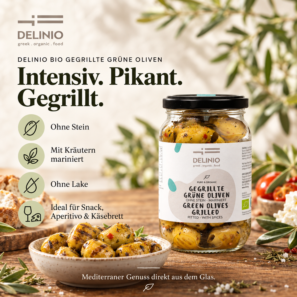 Gegrillte grüne Bio Oliven, mariniert, 370 ml Glas
