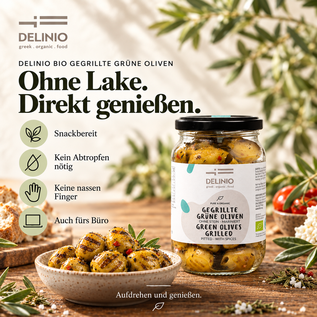 Gegrillte grüne Bio Oliven, mariniert, 370 ml Glas