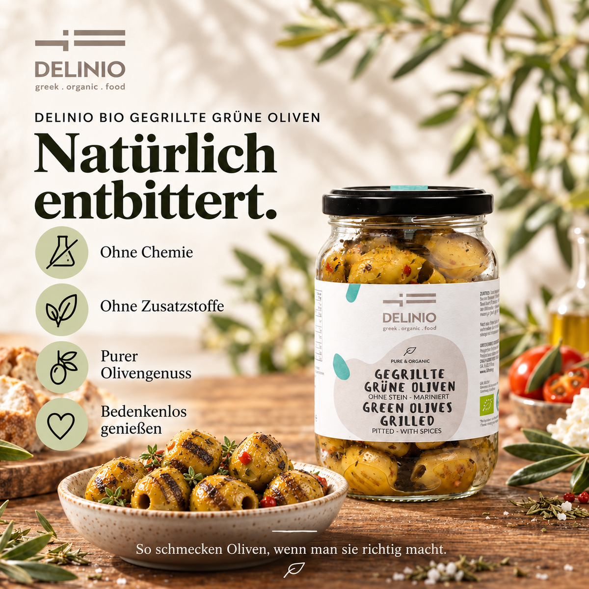 Gegrillte grüne Bio Oliven, mariniert, 370 ml Glas