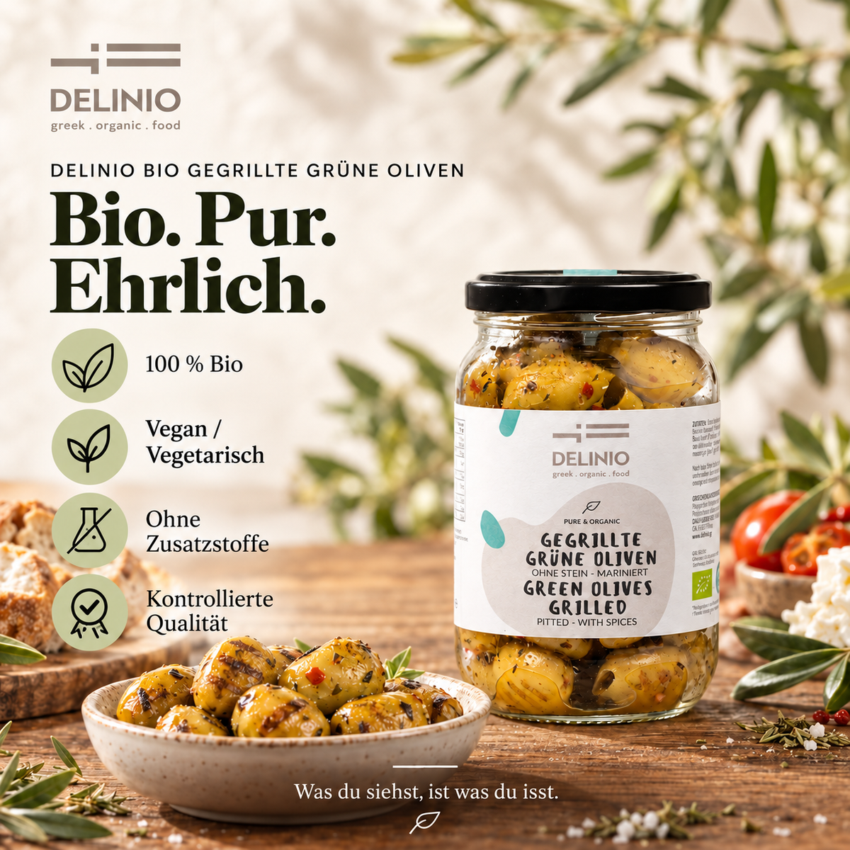 Gegrillte grüne Bio Oliven, mariniert, 370 ml Glas