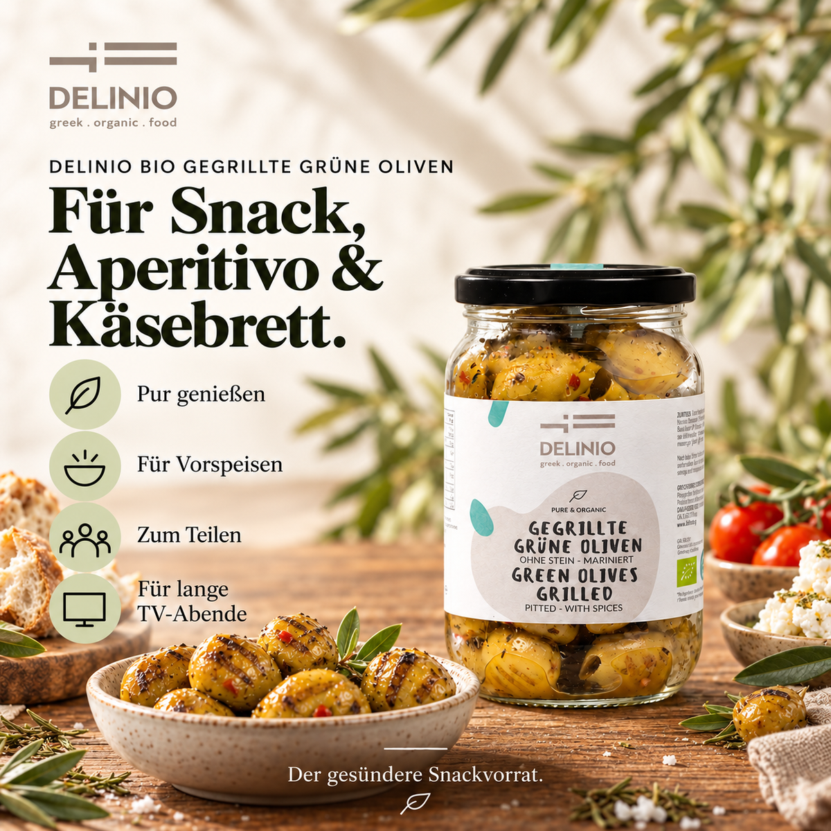 Gegrillte grüne Bio Oliven, mariniert, 370 ml Glas