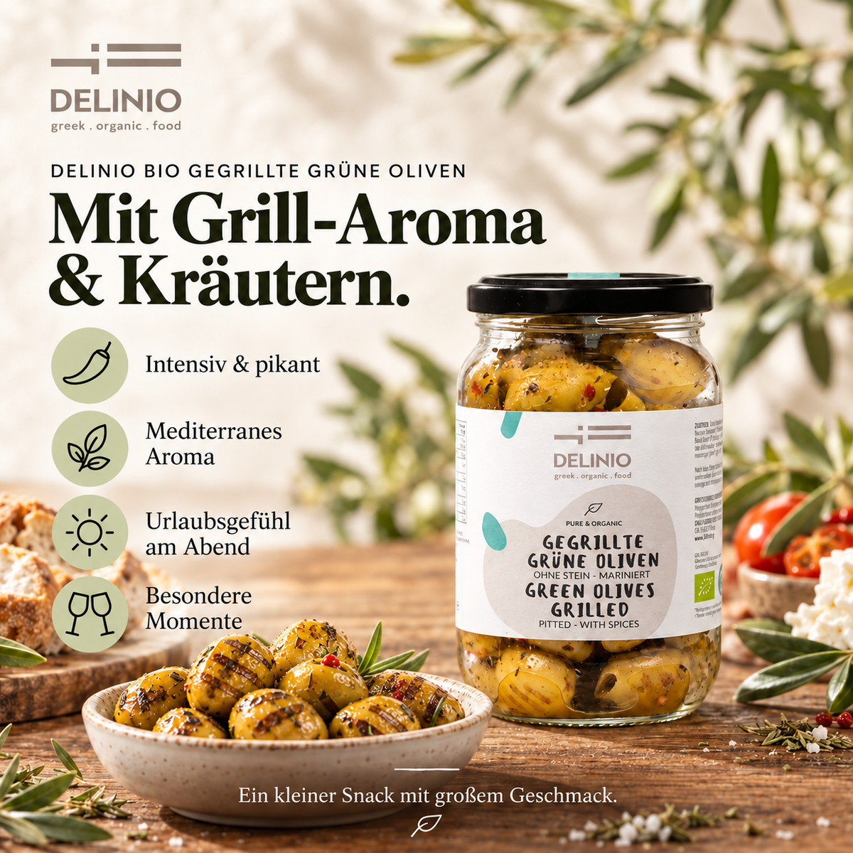 Gegrillte grüne Bio Oliven, mariniert, 370 ml Glas
