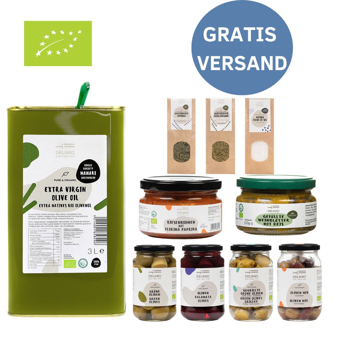 DELINIO Familien Paket, mit 1 x 3 L Bio-Olivenöl / 10 Produkte / GRATIS-Versand