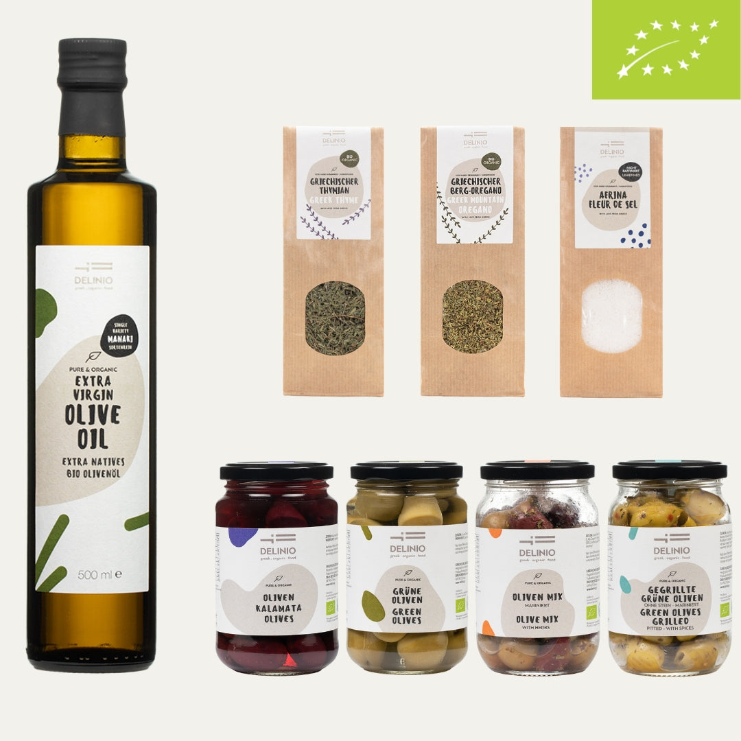 Griechische Küchen-Essentials – Oliven, Kräuter & Bio-Olivenöl im Set / 8 Produkte