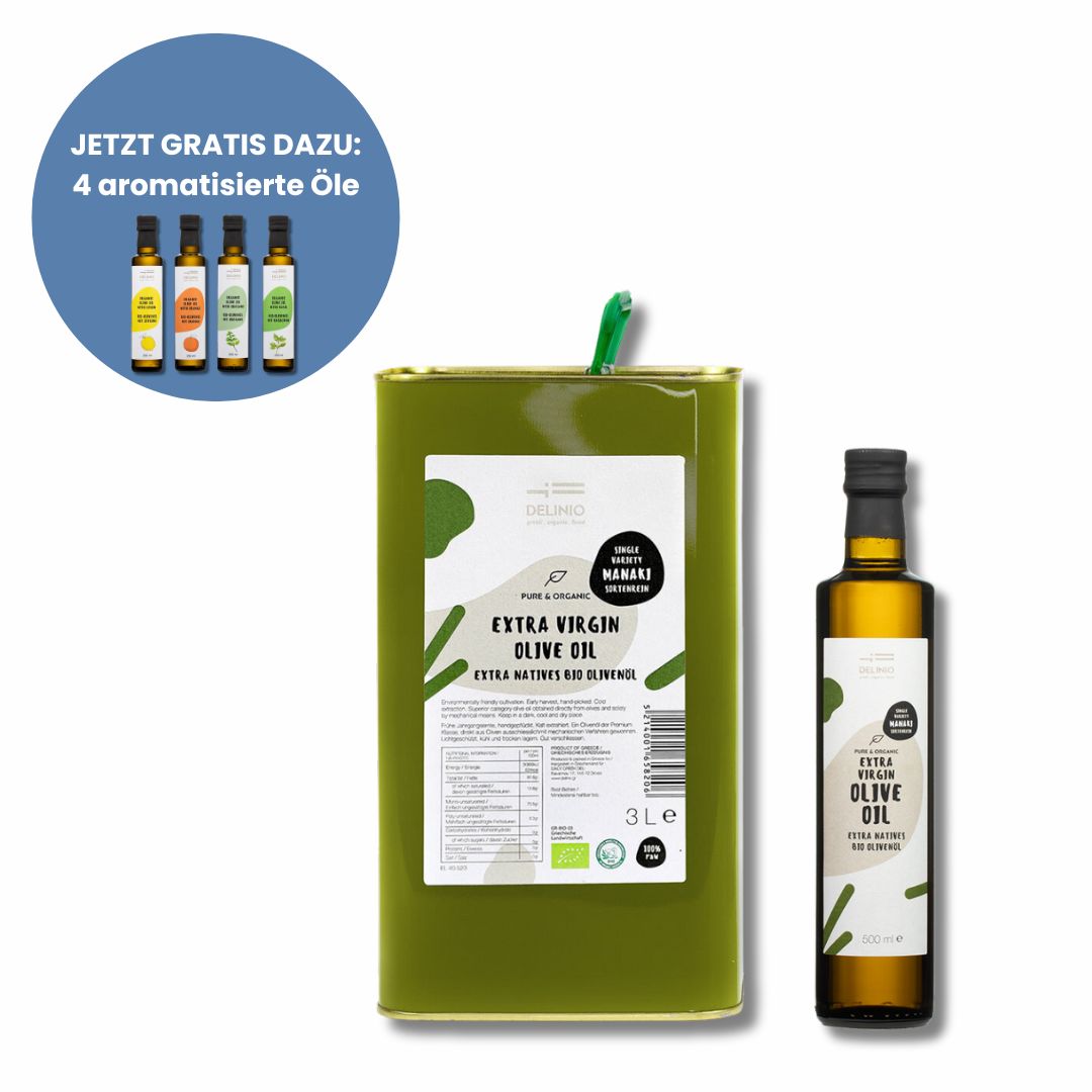 Extra Natives Bio Olivenöl MANAKI, 3 Liter + 500 ml (+ 4 aromatisierte Öle)