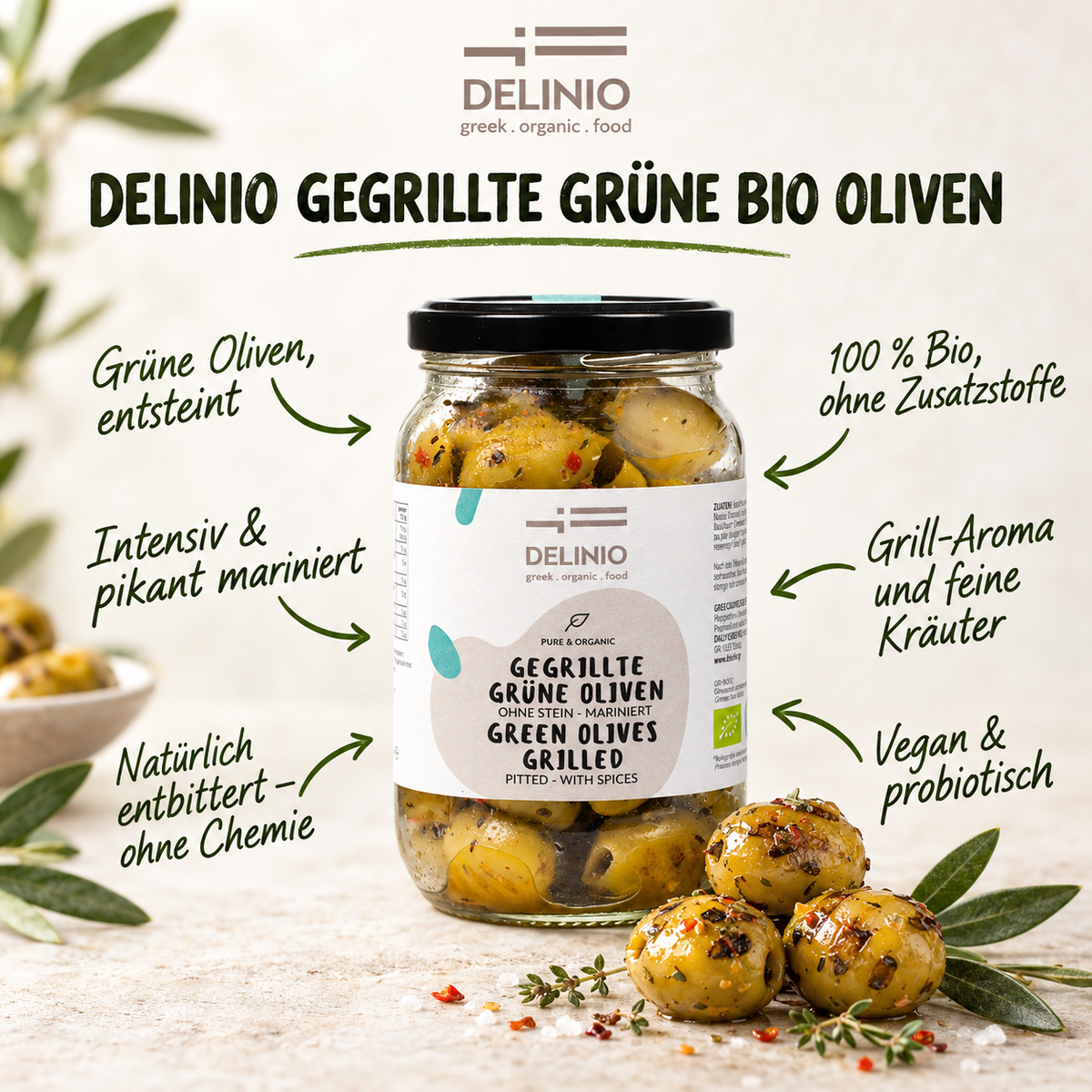 Gegrillte grüne Bio Oliven, mariniert, 370 ml Glas
