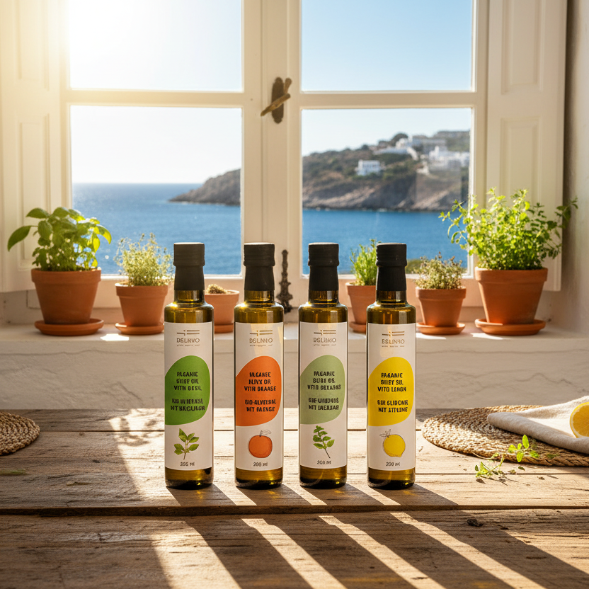 Premium Bio-Olivenöl Set mit Zitrone, Orange, Basilikum & Oregano – 4×250ml DELINIO