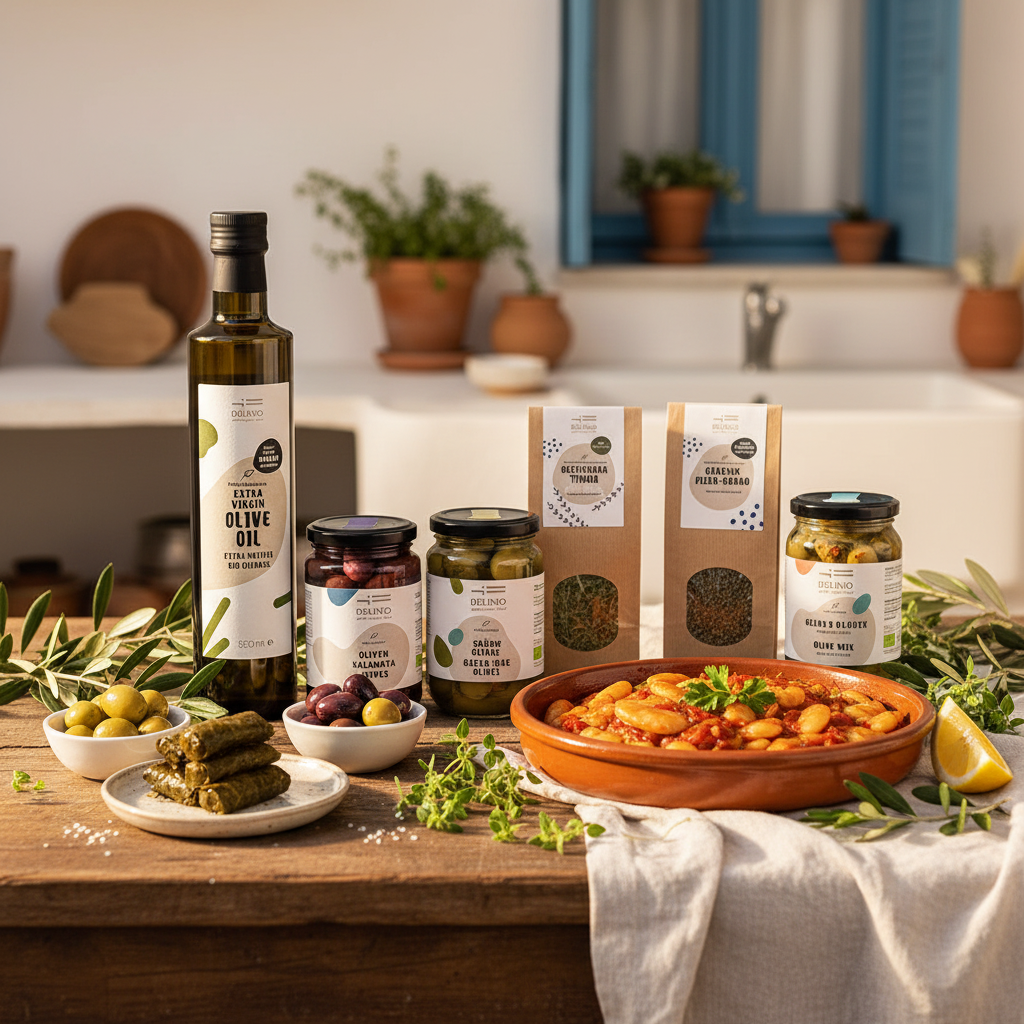 Griechische Küchen-Essentials – Oliven, Kräuter & Bio-Olivenöl im Set / 8 Produkte