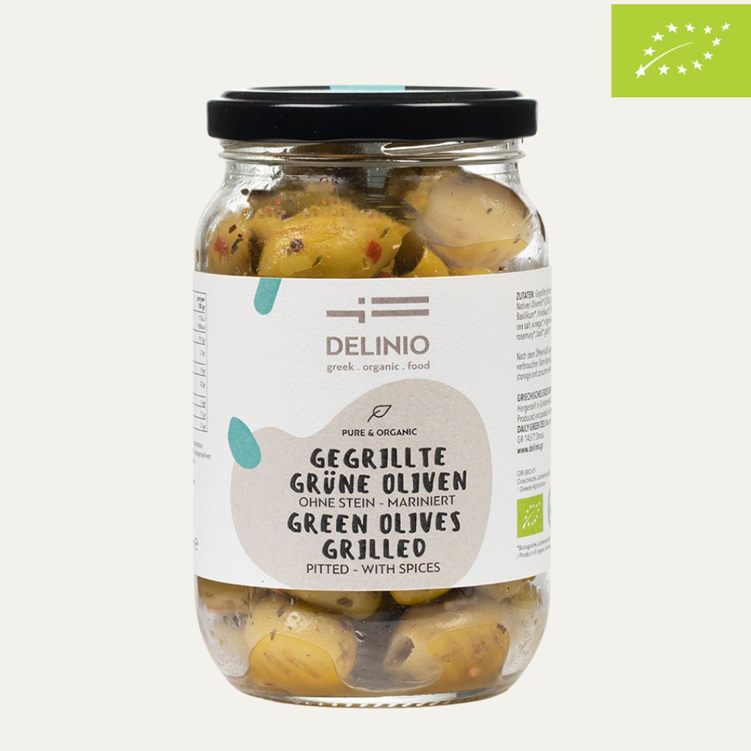 Gegrillte grüne Bio Oliven, mariniert, 370 ml Glas
