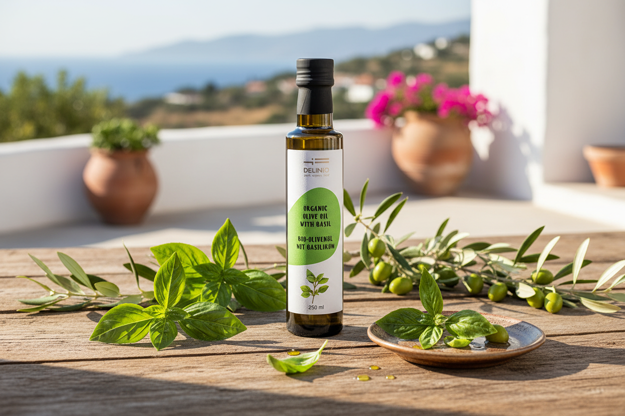 Premium Bio-Olivenöl Set mit Zitrone, Orange, Basilikum & Oregano – 4×250ml DELINIO aus Griechenland