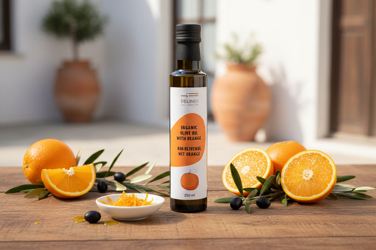 Premium Bio-Olivenöl Set mit Zitrone, Orange, Basilikum & Oregano – 4×250ml DELINIO aus Griechenland