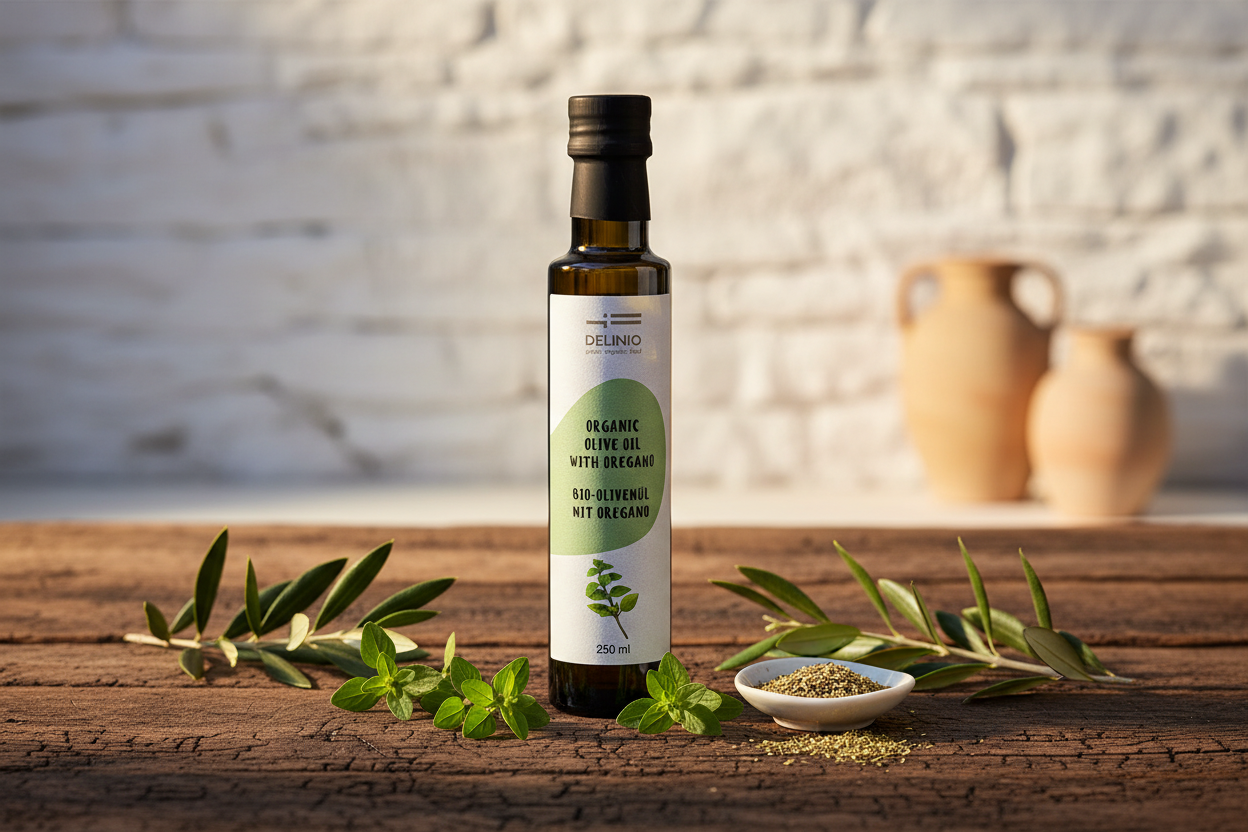 Premium Bio-Olivenöl Set mit Zitrone, Orange, Basilikum & Oregano – 4×250ml DELINIO aus Griechenland