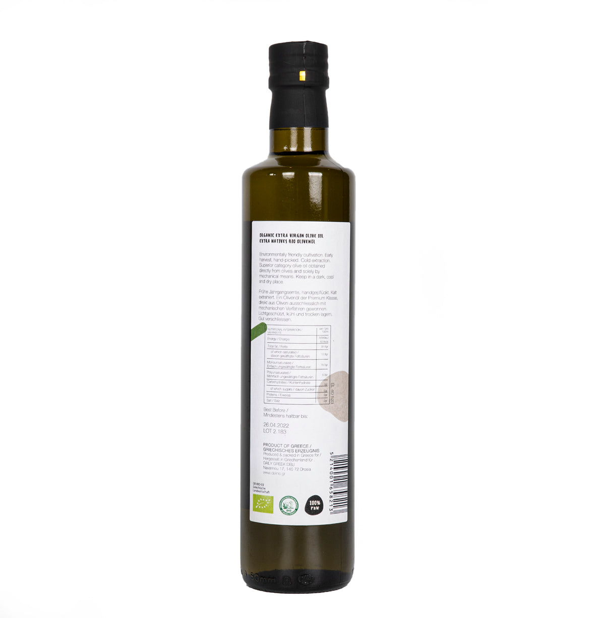 DELINIO Extra Natives Bio Olivenöl Protolado Manaki, Flasche 500 ml Rückseite mit Nährwerten